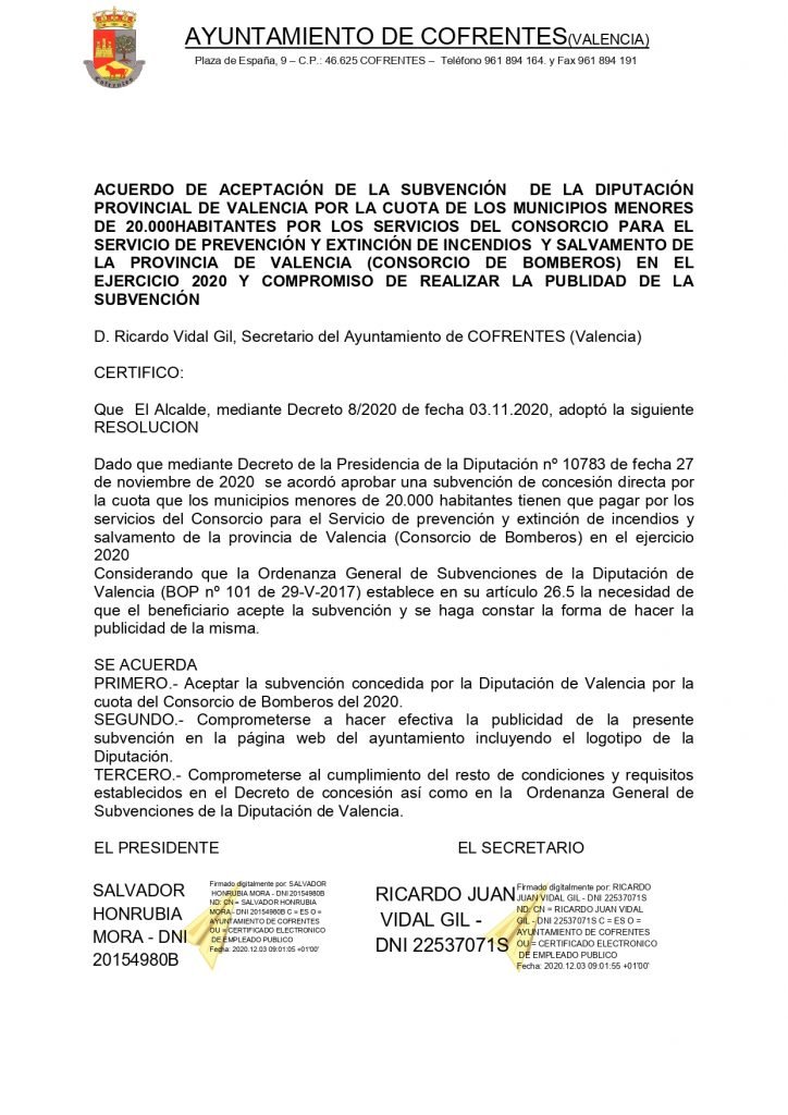 Acuerdo de Aceptación de Subvención de la Diputación Provincial de Valencia